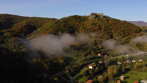 Aerial Shot Of Fort On Mountain Against Sky During Autumn - Una National Park, Bosnia and Herzegovina