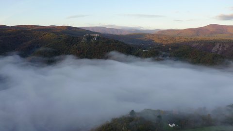 Aerial Shot Of Beautiful Landscape During Foggy Weather, Drone Flying Forward - Una National Park, Bosnia and Herzegovina