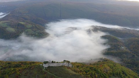 Aerial Of Fort On Mountain In Foggy Weather - Una National Park, Bosnia and Herzegovina