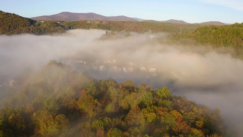 Aerial Shot Of Landscape Covered With Fog At National Park In Autumn, Drone Flying Forward - Una National Park, Bosnia and Herzegovina