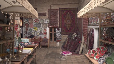 Close-Up Shot Of Colorful Crockery And Fabrics Hanged On Wall In Market - Khiva, Uzbekistan
