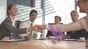 Animation of graphs and charts, over smiling business colleagues shaking hands at meeting. business communication, digital interface technology and media concept, digitally generated video.