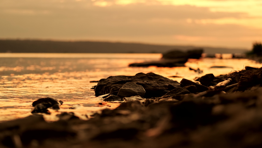 River with stones on the bank in the evening. Summer sunset. High quality