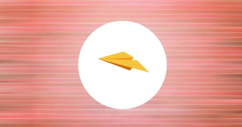 Digital animation of paper plane icon over white circular banner against striped pink background. back to school and education concept
