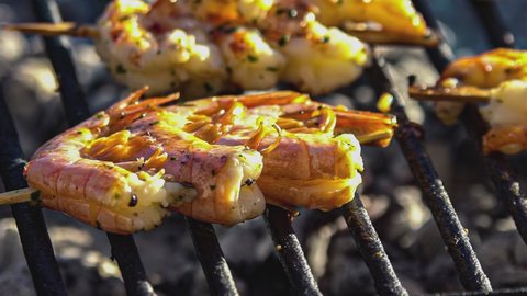 Detail of Shrimp skewers on the grill