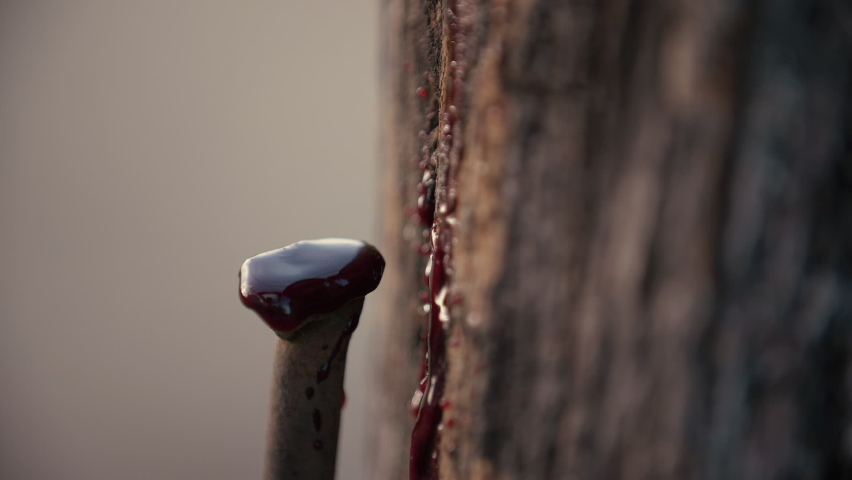 Blood drops spilling on a wooden cross with an old and rusty nail. Slow motion footage