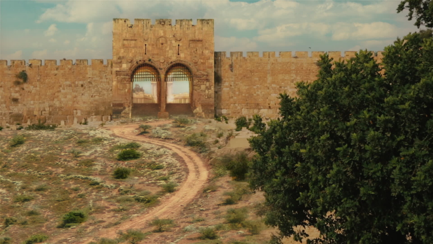 Representation of the old Golden Gate and ancient city of Jerusalem with Second Temple. Israel in the time of Christ.