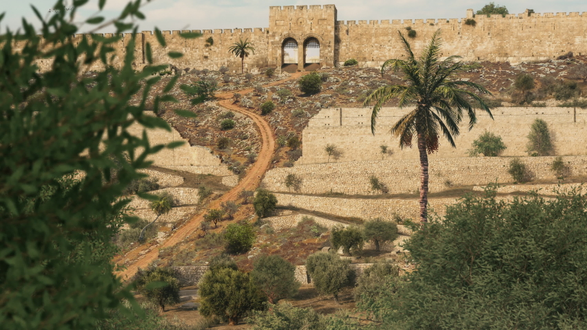 Representation of the old Golden Gate and ancient city of Jerusalem with Second Temple. Israel in the time of Christ.
