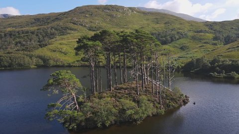 Aerial view of Eilean Na Moine island at Loch Eilt, Scotland, UK. A place where Professor Dumbledore was buried in the Harry Potter book and movie