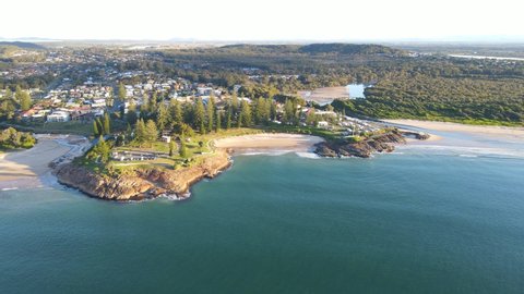 Aerial View Of Horseshoe Bay Beach At Point Briner With South West Rocks Creek In NSW, Australia. - pullback