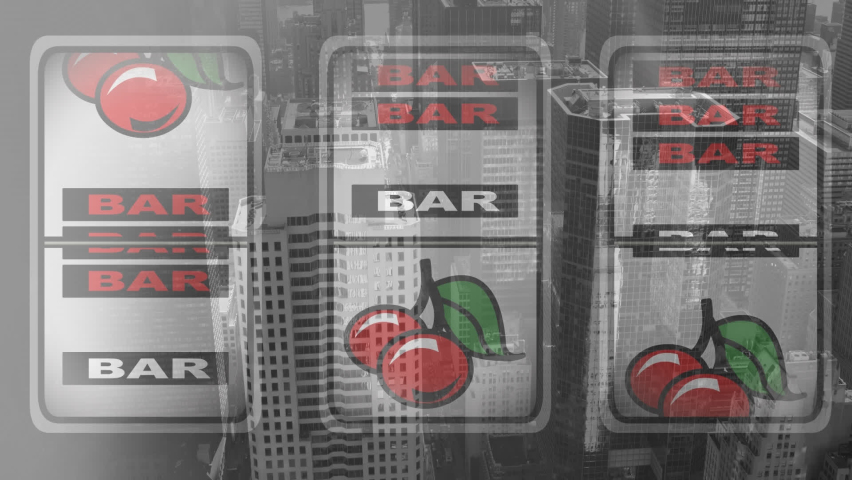 Animation of casino fruit machine over cityscape. gambling, entertainment and playing concept digitally generated video.