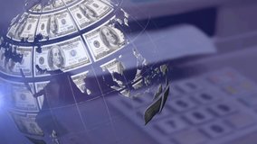 Animation of rotating globe of dollar bills and moving light over numeric keyboard. global business and finance technology and communication concept digitally generated video.