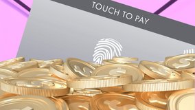 Animation of biometric pay icon with gold american dollar coins. global business, finances, data processing and digital interface concept digitally generated video. - Powered by Shutterstock - Get 15% off with code: PIKWIZARD15