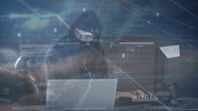 Animation of data and information processing and nervous masked hacker using laptop and computer. cybercrime and digital data security concept, digitally generated video. - Powered by Shutterstock - Get 15% off with code: PIKWIZARD15