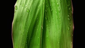 A raindrop of water flows down a green leaf. Slow motion. FullHD footage