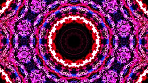 Multicolored pink red kaleidoscope sequence patterns loop. 4k Abstract motion graphics background for title, intro, yoga, clubs, shows, mandala, DJ VJ loop. Beautiful bright ornament. Seamless loop.