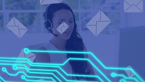 Animation of circuit board and mail envelope icons over business people using phone headsets. global data processing, technology, connections and digital interface concept digitally generated video. - Powered by Shutterstock - Get 15% off with code: PIKWIZARD15