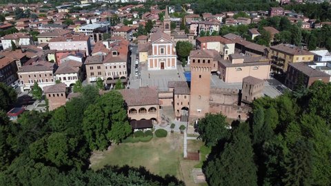 Formigine, Modena, Italy - 06.20.2018: Aerial view of the Formigine medieval castle in province of Modena