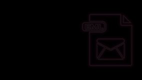 Glowing neon line EML file document. Download eml button icon isolated on black background. EML file symbol. 4K Video motion graphic animation.