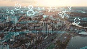 Futuristic plexus network concept of city technology. IOT, AI, cloud computing, wireless technology. Flight over the city with a wireless network connection with social media icons and smiles. - Powered by Shutterstock - Get 15% off with code: PIKWIZARD15