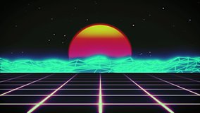 Retro futuristic sci-fi night city seamless loop. 80s VJ synthwave motion background with neon lights, sun and stars. Stylized 4K vintage steamwave style 3D animation for video games and music videos