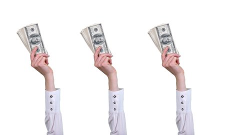 money, cash. Gif animation. close-up. female hands, in white blouses, hold hundred dollar bills bundles, wave them. isolated on white background. looping seamless pattern. animation