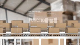 Animation of statistics processing over conveyor belts with boxes. global shipping, digital interface, technology and connections concept digitally generated video. - Powered by Shutterstock - Get 15% off with code: PIKWIZARD15