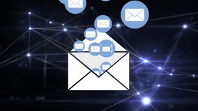 Animation of social media envelope icons over network of connections. global social media, digital interface, technology and networking concept digitally generated video. - Powered by Shutterstock - Get 15% off with code: PIKWIZARD15