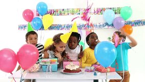Animation of yellow zigzag lines over diverse happy children having fun at party with balloons. celebration, birthday, party, childhood and event concept digitally generated video.