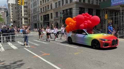 New York, N Y, USA - July 3, 2021: Participants in a limited Gay Pride Parade due to COVID restrictions on Sunday, June  27, 2021