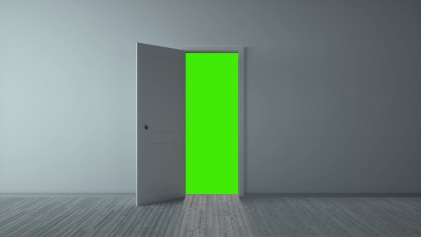 Classic design door opening to green screen, chroma key