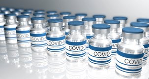 Blue bottles coronavirus vaccine COVID-19. Glass vials with sars-cov-2 vaccine. seamless loop 3d render for video editing, loop for video editing, loop