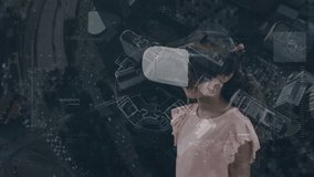 Animation of scope scanning and data processing over girl wearing vr headset. global technology, digital interface and connections concept digitally generated video.