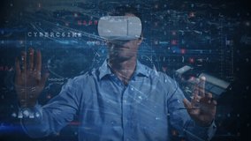 Animation of scope scanning and data processing over man wearing vr headset. global technology, digital interface and connections concept digitally generated video.