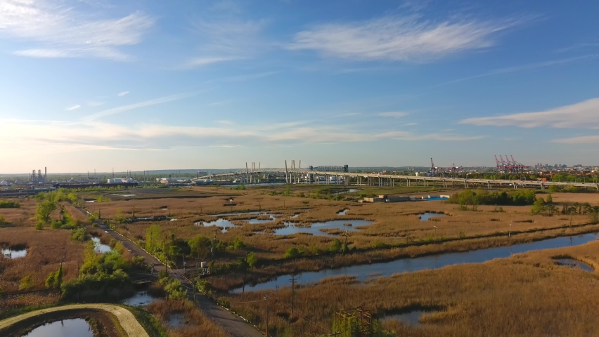 This video shows a view of the Goethals Bridge in Elizabeth, NJ.  The Goethals Bridge is the name of a pair of cable-stayed bridge spans connecting Elizabeth, New Jersey, to Staten Island, New York, i