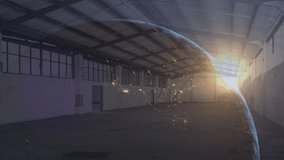Animation of purple wave with globe over warehouse. global data processing, digital interface, technology and connections concept digitally generated video.