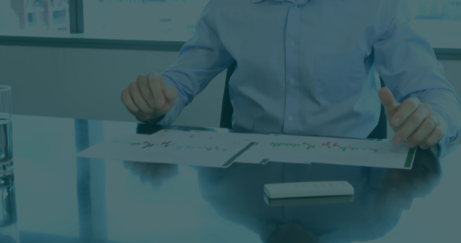 Animation of rotating geometry, over man wearing vr headset. global communication technology and digital interface concept, digitally generated video.