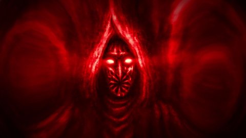 Scary monk from dark cult in fancy mask and hood. 2D animation horror fantasy genre. Glowing demonic eyes. Creepy Halloween backdrop. Scary animated short film. Gloomy ghost in haze. Red background.