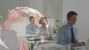 Animation of network of connections with globe over business people using phone headsets. global connections, business, technology and networking concept digitally generated video.
