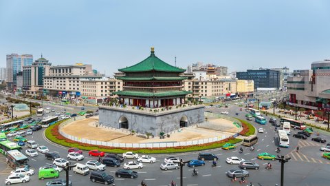 ancient bell tower in daytime with roundabout road traffic stream, time lapse, Xi'an City, Shaanxi Province, China.