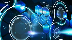 Round scanners and data processing against hexagonal shapes on black background. computer interface and technology concept - Powered by Shutterstock - Get 15% off with code: PIKWIZARD15