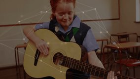 Animation of network of connections over schoolgirl playing with guitar. global online education, digital interface, technology and connections concept digitally generated video. - Powered by Shutterstock - Get 15% off with code: PIKWIZARD15