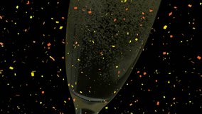 Animation of confetti falling and champagne glass on black background. celebration, party and luxury event concept, digitally generated video.