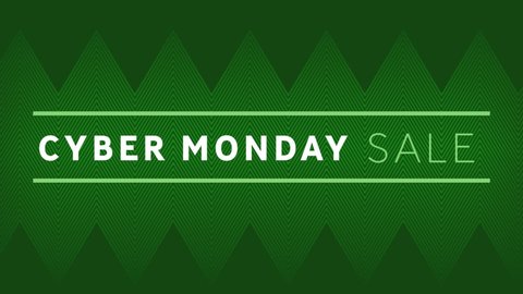 Animation of text cyber monday sale, moving to white, over green zigzag lines, on green background. retail and shopping communication concept, digitally generated video.