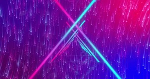 Animation of pink and blue light beams, moving over light trails on pink and blue background. online communication, retro background screen concept, digitally generated video.