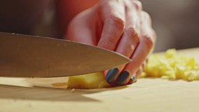 Woman slicing ginger and vegetables for cooking on kitchen table. Closeup hands. Real, authentic cooking.
