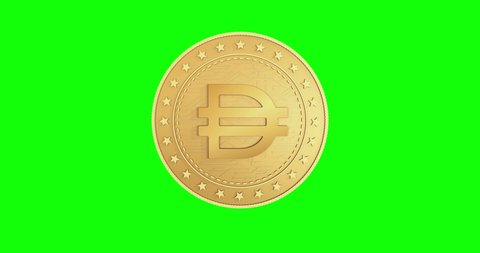 Dai stablecoin cryptocurrency isolated gold coin on green screen loopable background. Rotating golden metal looping abstract concept. 3D loop seamless animation.