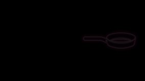 Glowing neon line Frying pan icon isolated on black background. Fry or roast food symbol. 4K Video motion graphic animation.