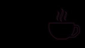 Glowing neon line Coffee cup icon isolated on black background. Tea cup. Hot drink coffee. 4K Video motion graphic animation.