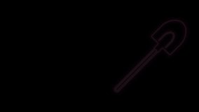 Glowing neon line Garden shovel icon isolated on black background. Gardening tool. Tool for horticulture, agriculture, farming. 4K Video motion graphic animation.